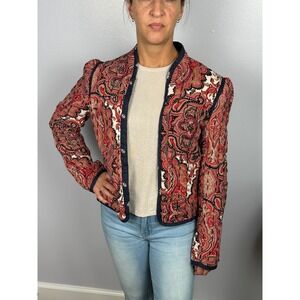 Anthropologie Quilted Jacket Paisley Print Red Navy Boho Soft Cozy Women Medium